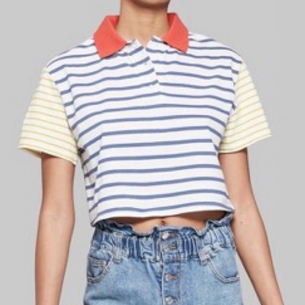 Wild Fable Striped Colorblock Cotton Preppy Cropped Polo With Red Collar, Size S